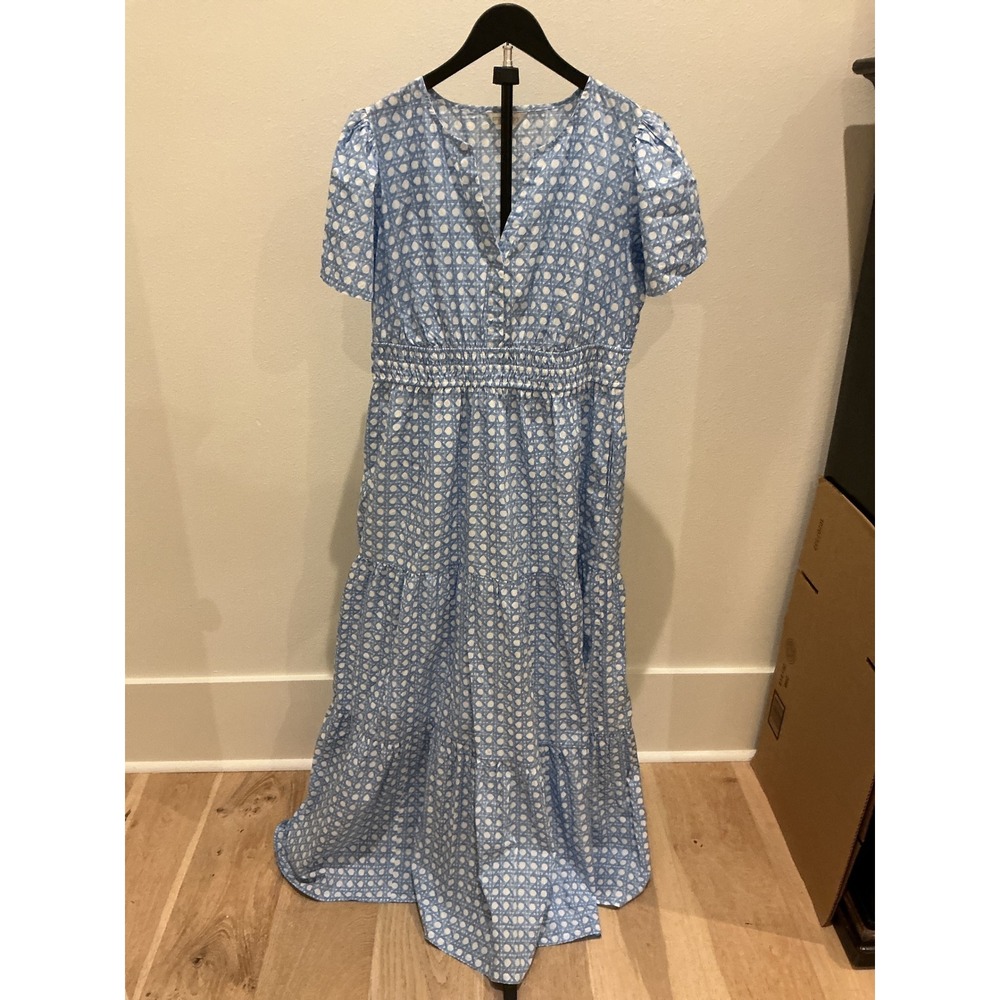 Crown & Ivy Blue White Cane Print Tiered Maxi Dress Smocked Waist Pockets Large